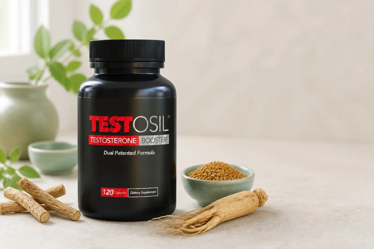 A bottle of Testosil dietary supplement on a light stone surface, surrounded by ashwagandha roots, fenugreek seeds, and a ginseng root