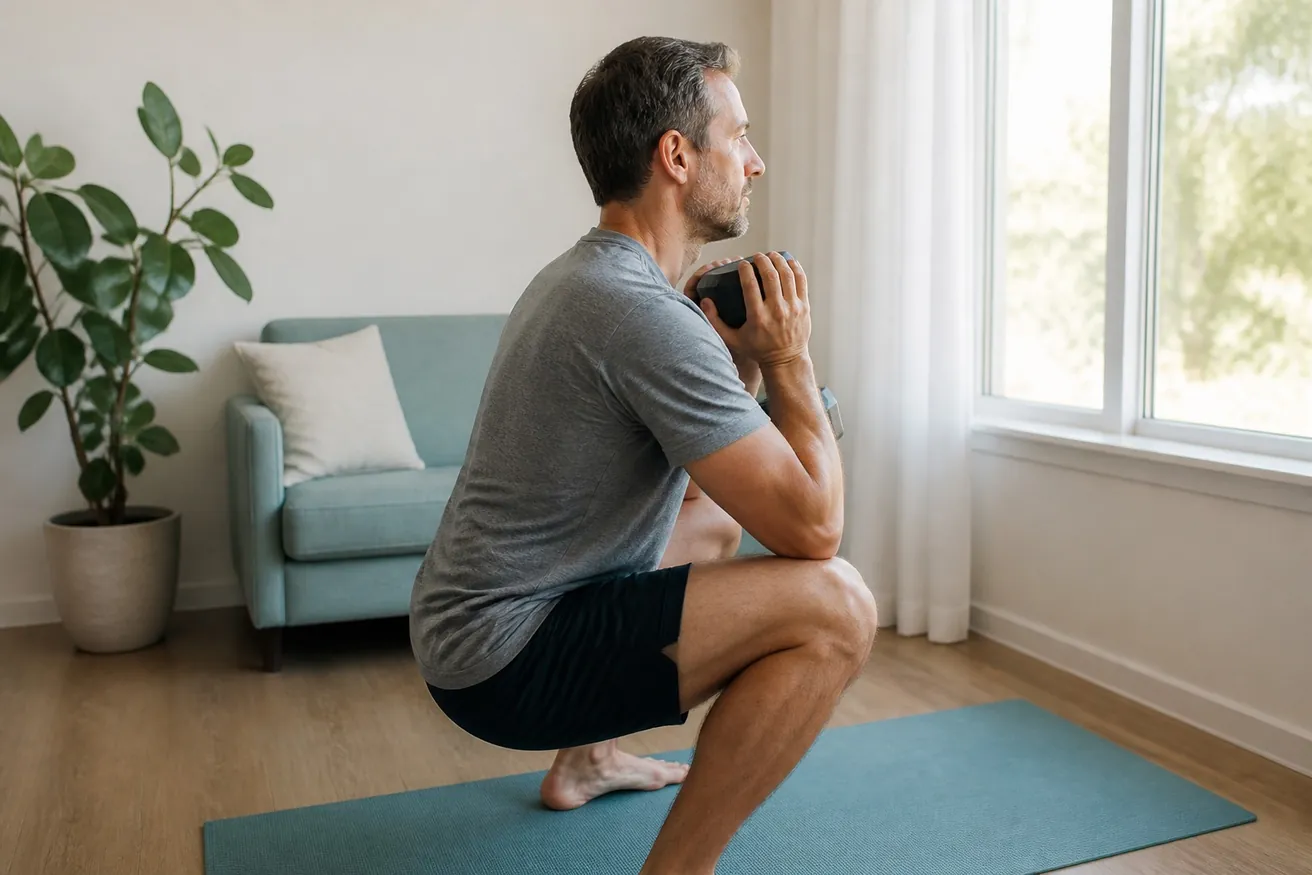 A man in his 40s doing a dumbbell squat on a yoga mat in a bright living room